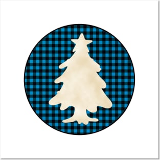 Christmas tree silhouette over a black and blue tile pattern Posters and Art